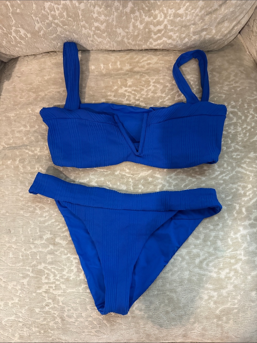 Ribbed V-Notch Blue Bikini Two-Piece